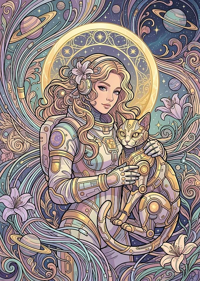 Astronaut Woman with Robotic Cat