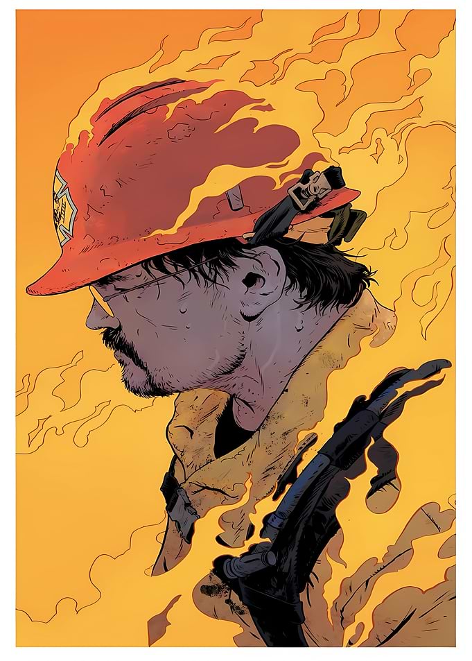 Firefighter in Flames Comic Illustration
