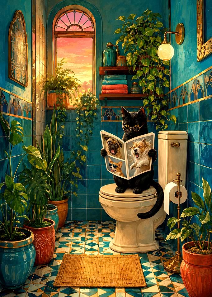 Black Cat Reading Magazine on Toilet