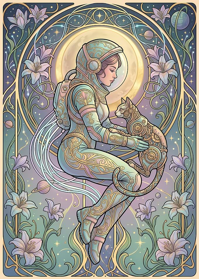 Art Nouveau Astronaut and Mechanical Cat