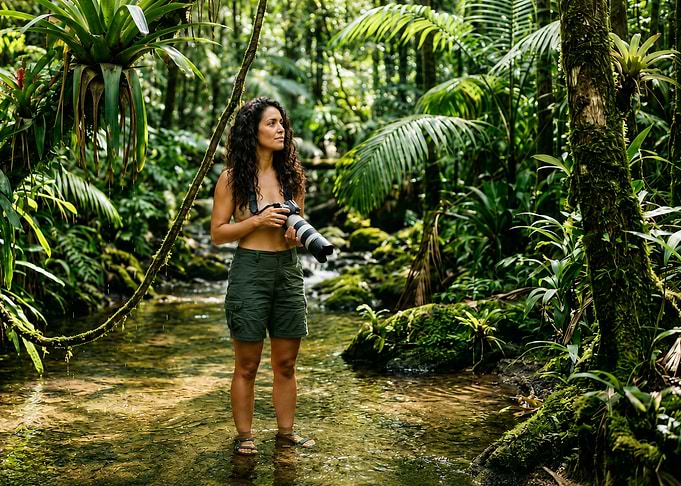Photographer exploring a lush tropical rainforest