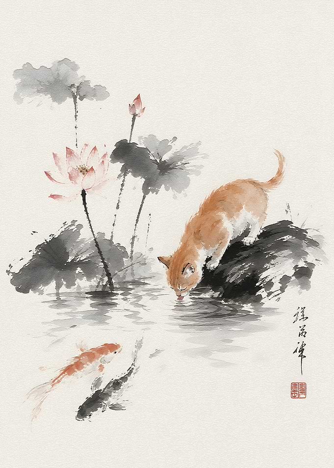 Cat Drinking from Koi Pond