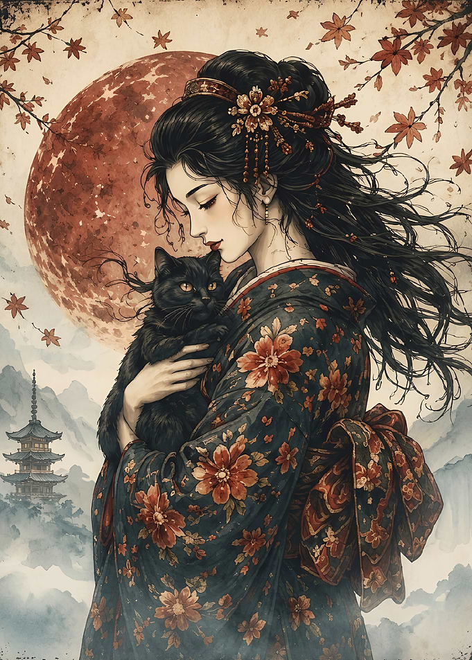 Woman in Kimono Holding Black Cat