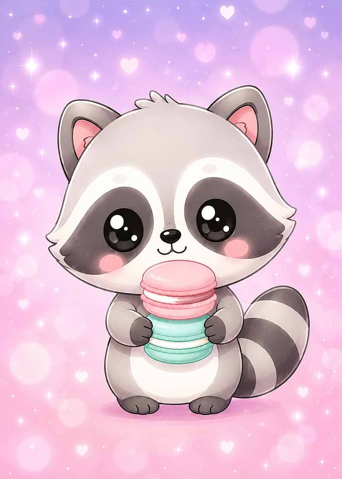 Cute Raccoon Holding Macarons