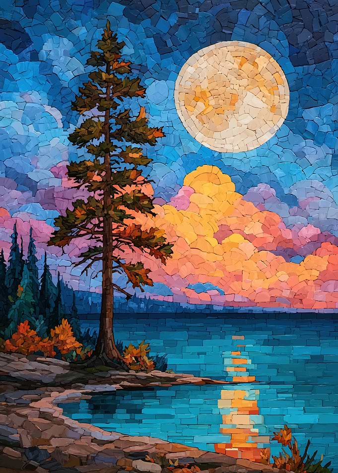 Mosaic Landscape with Moon and Pine