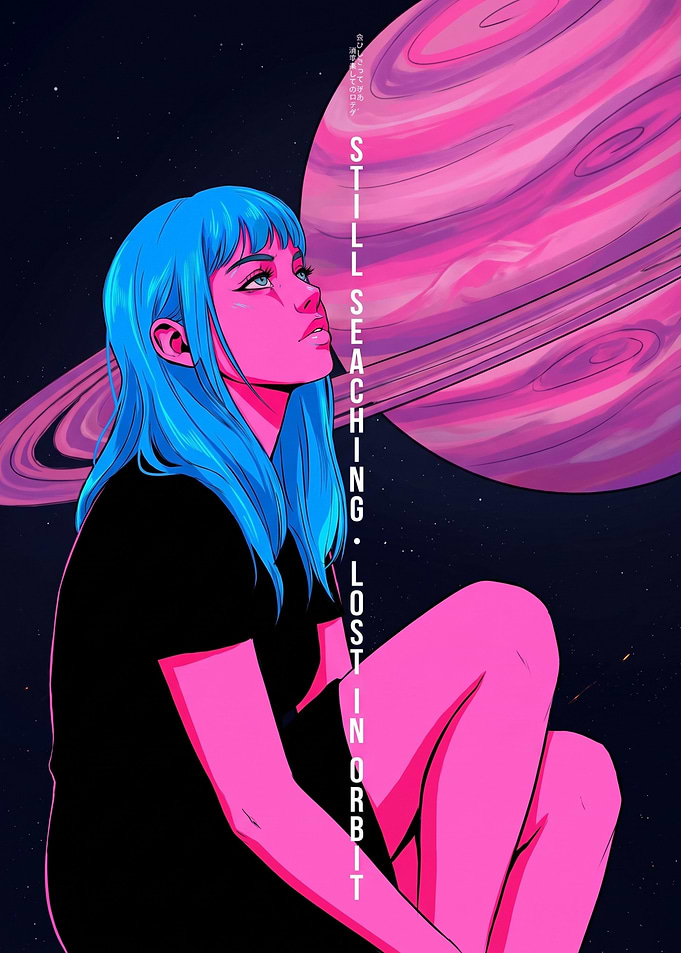 Girl Lost in Space Orbit Illustration