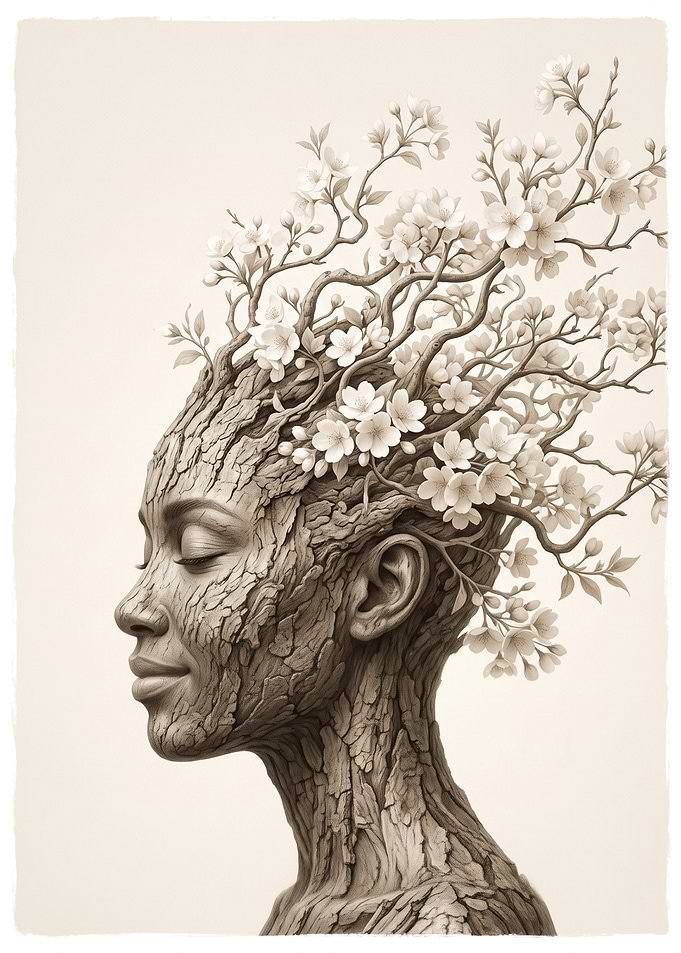 Tree Spirit Woman with Cherry Blossoms