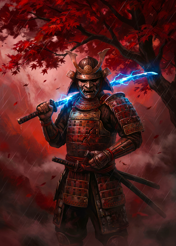 Electric Samurai Under Red Maple