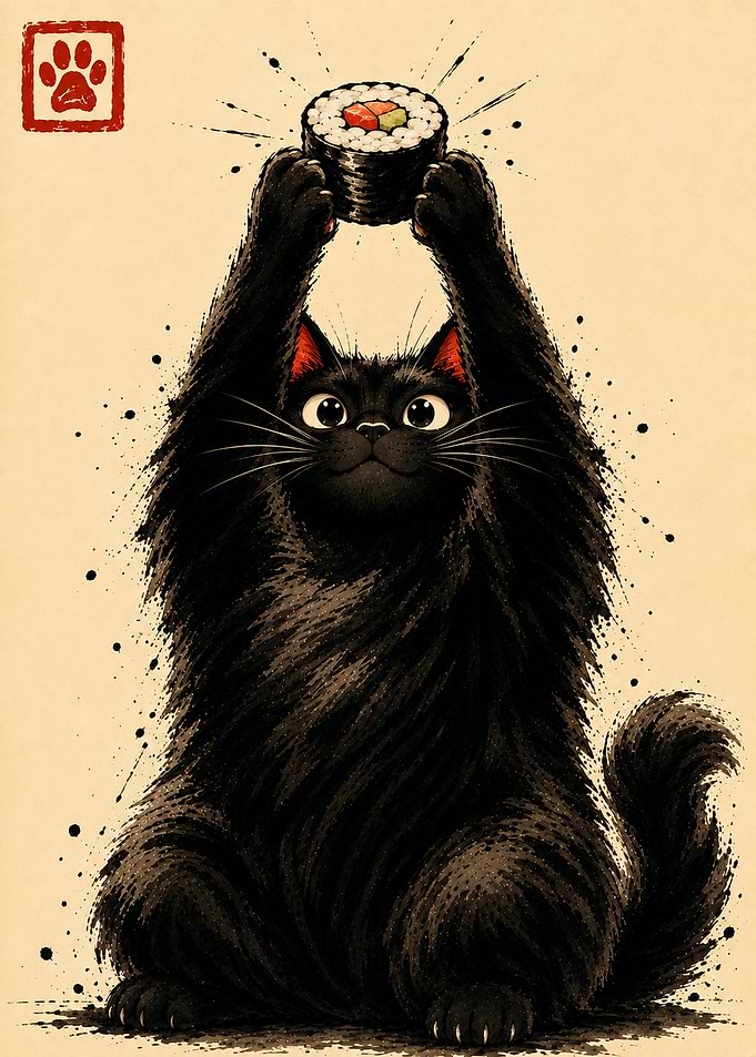 Fluffy Black Cat Holding Sushi