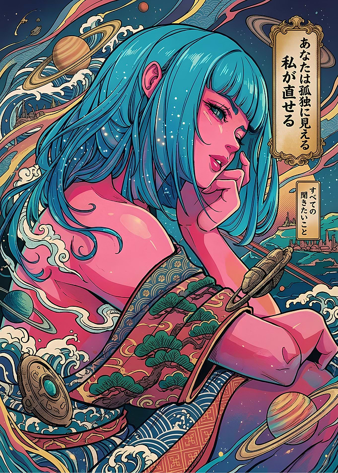 Cosmic Anime Girl with Japanese Patterns