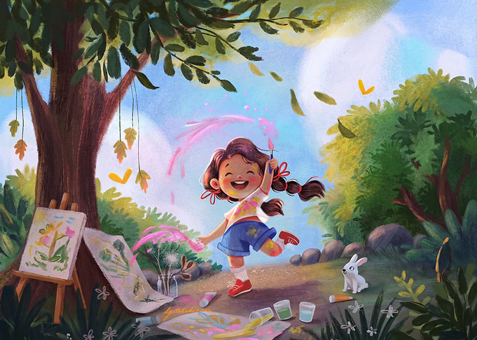 Happy Girl Painting in Nature