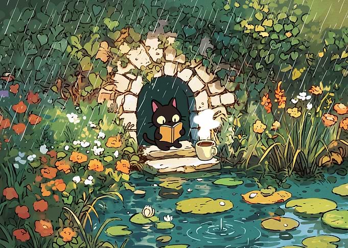 Cozy Black Cat Reading in Rain