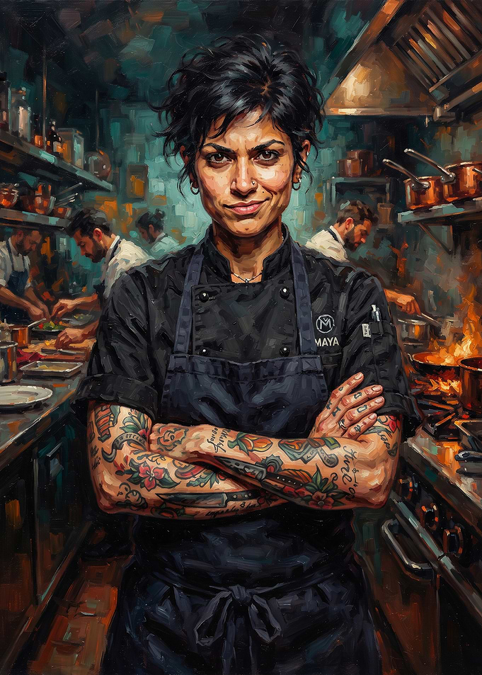 Tattooed Chef in Professional Kitchen