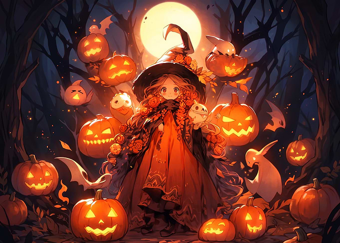 Cute Anime Witch Halloween Scene