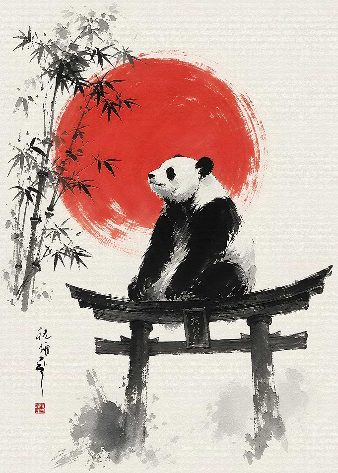Panda Sitting on Torii Gate