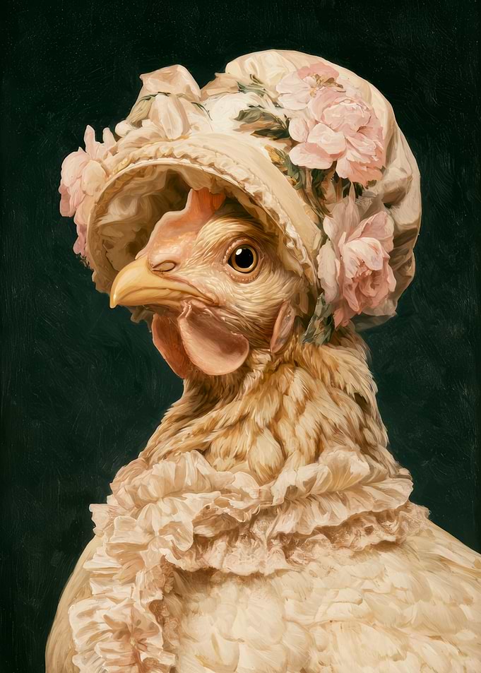 Victorian Hen Portrait | Elegant Floral Chicken Oil Painting