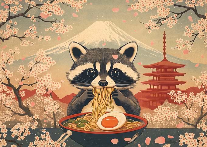 Cute Raccoon Eating Ramen in Japan