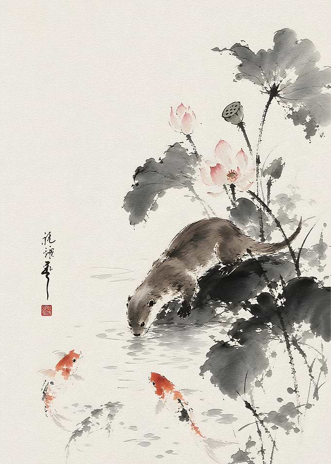 Otter and Koi Fish Ink Painting