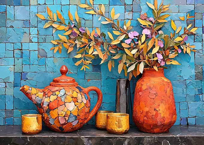 Mosaic Teapot and Vase Still Life