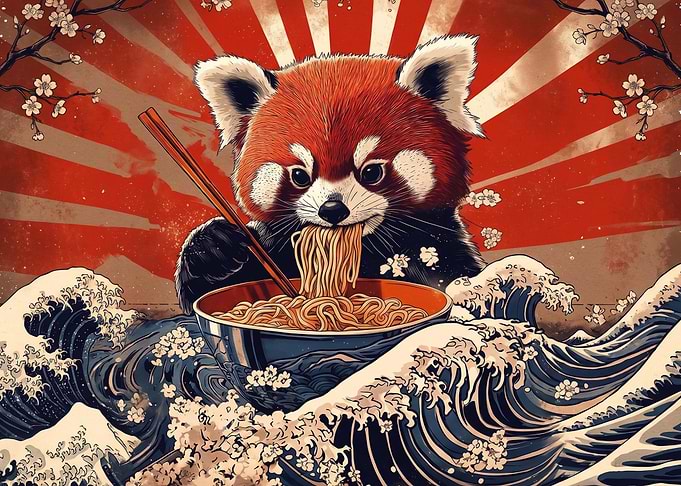 Red Panda Eating Ramen Japanese Art