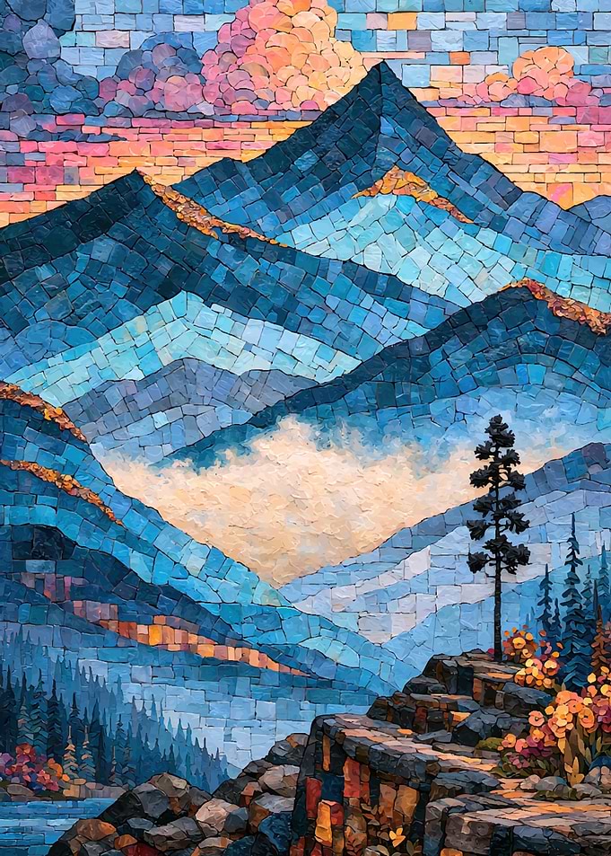 Mosaic Mountain Landscape at Sunset