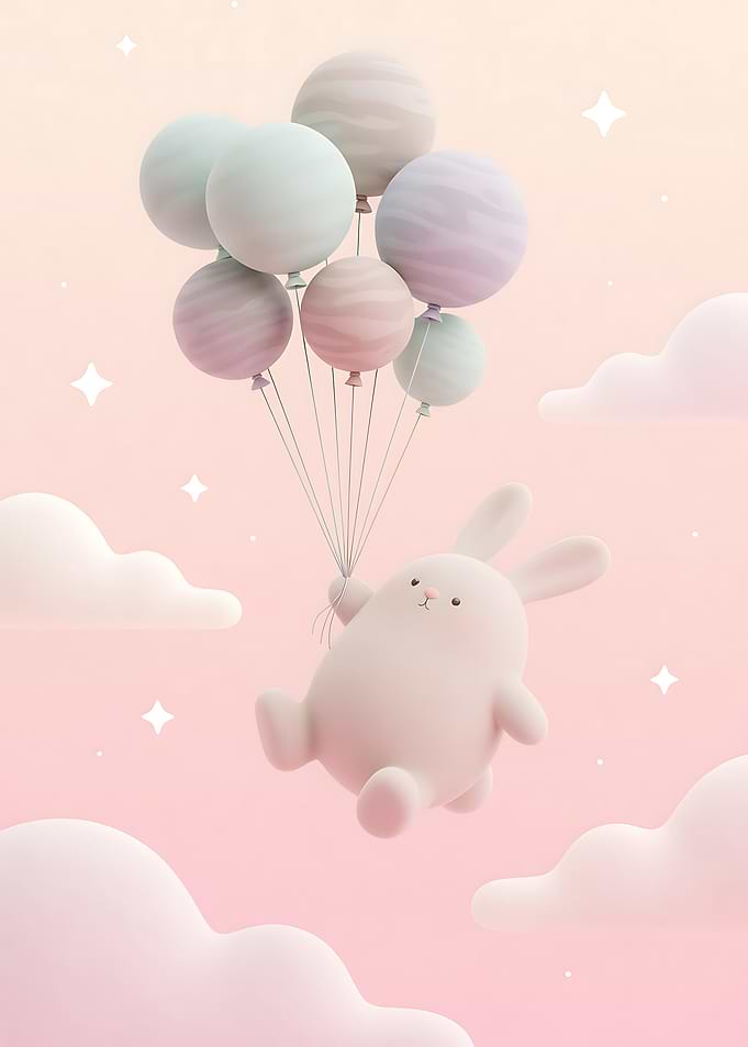 Cute Bunny Floating with Pastel Balloons