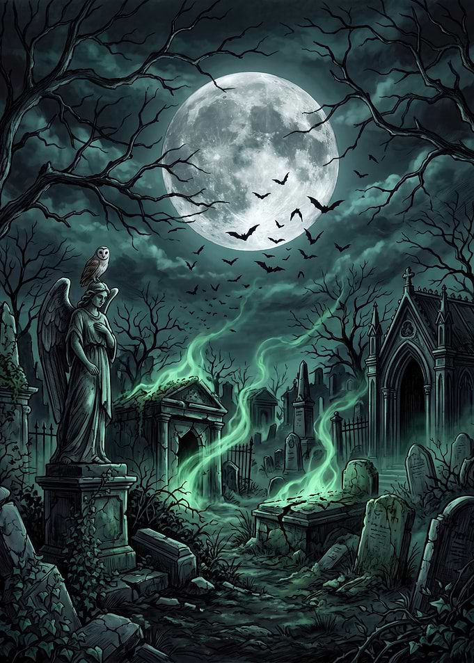 Eerie Graveyard Under Full Moon