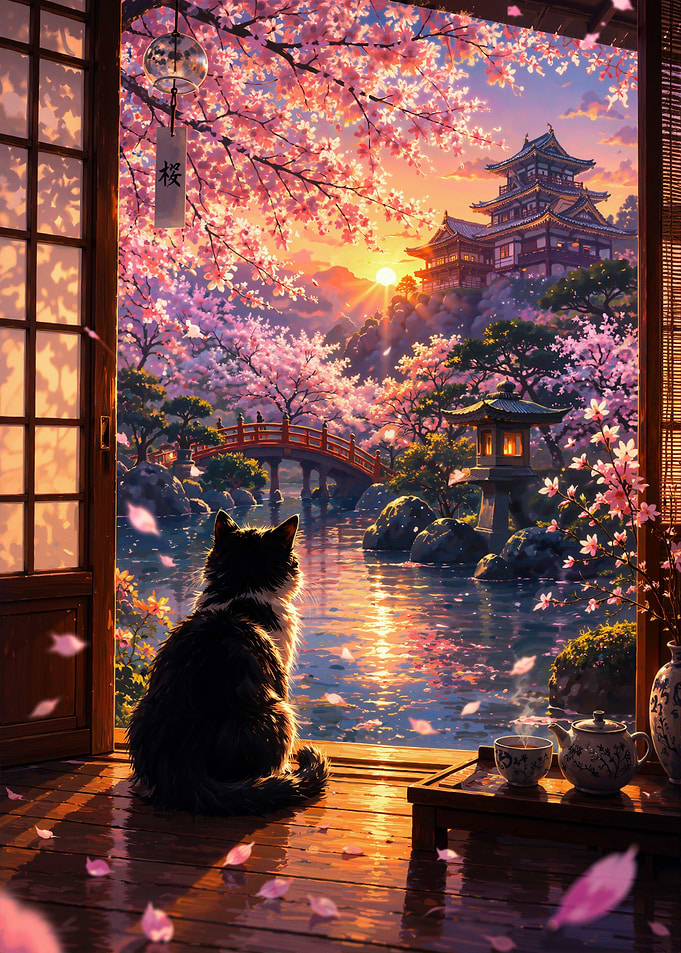 Cat Watching Sunset at Japanese Temple