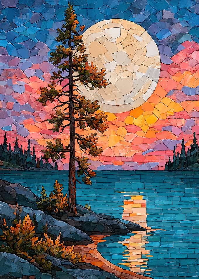 Mosaic Landscape with Moon and Pine