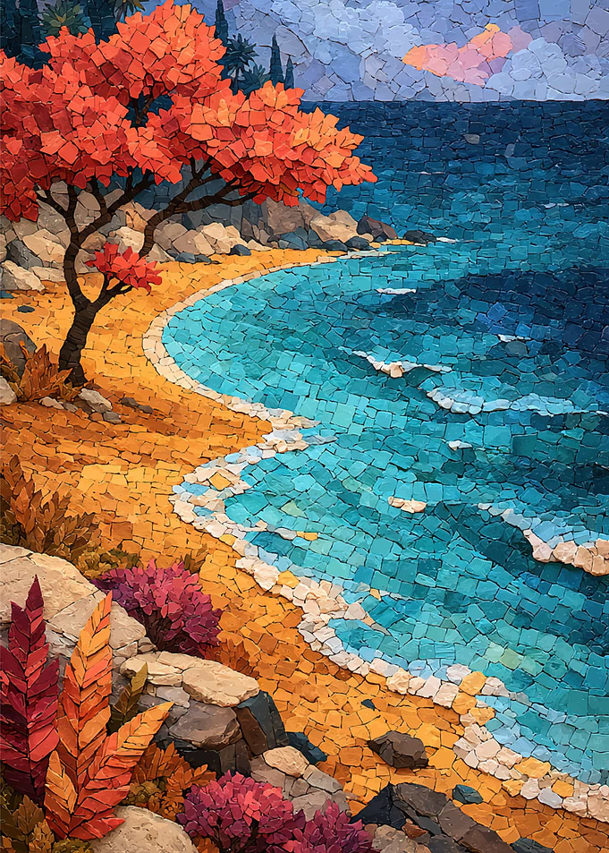 Mosaic Coastal Landscape with Red Tree