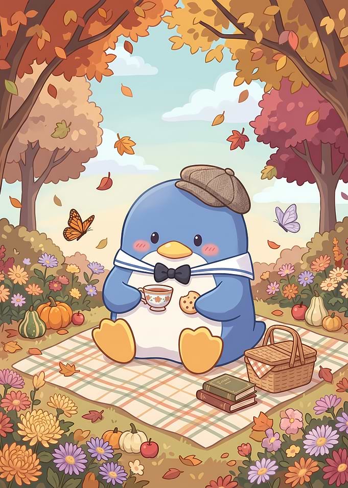Cute Tuxedo Sam Having an Autumn Picnic