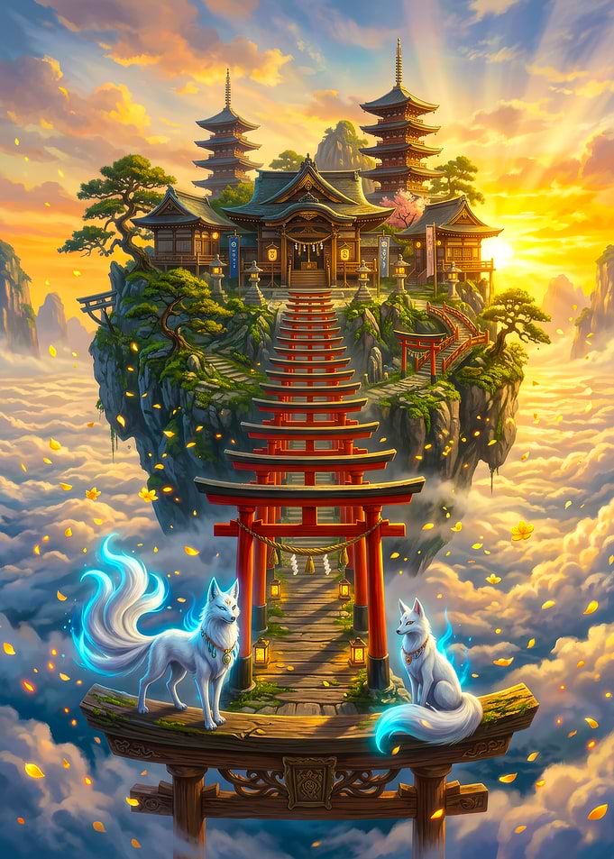 Floating Japanese Temple with Spirit Foxes