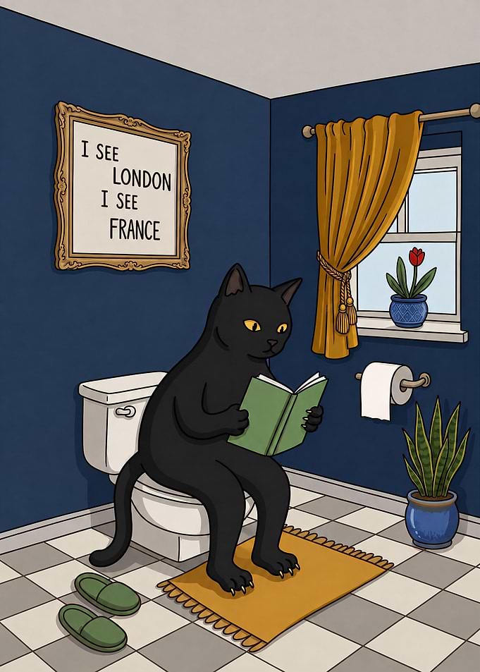 Black Cat Reading on Toilet