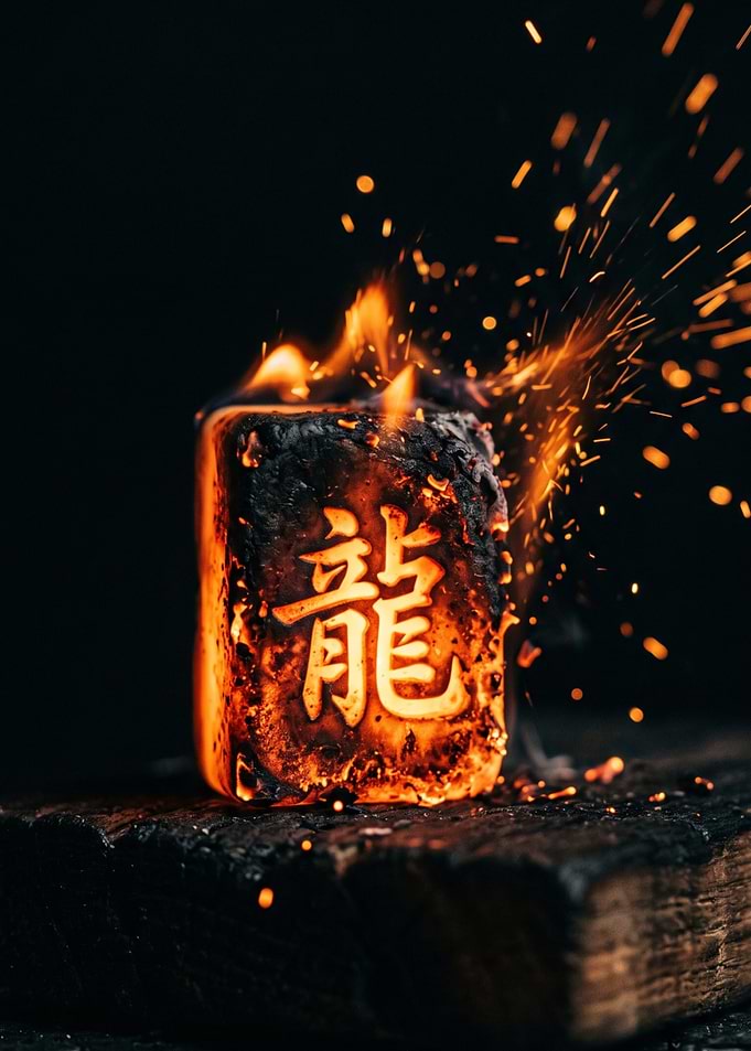 Burning Dragon Kanji Symbol Block