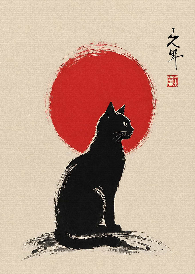 Black Cat Ink Wash Painting