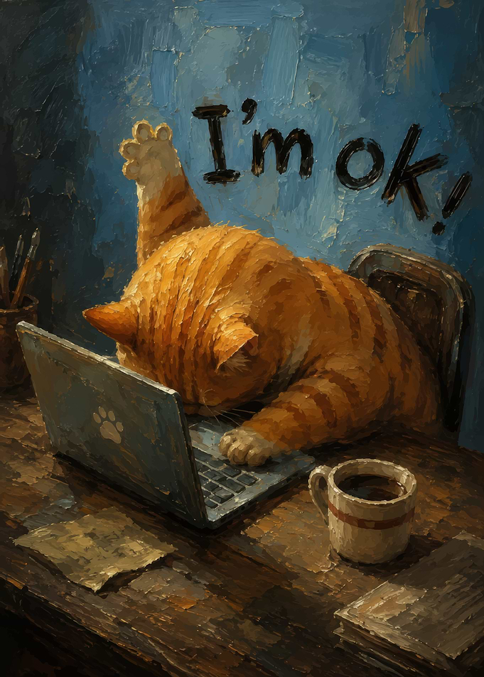 Stressed Orange Cat Working on Laptop
