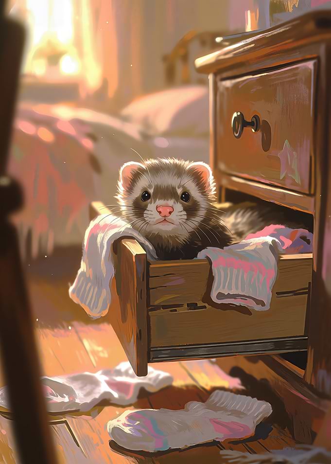 Cute Ferret Hiding in Drawer