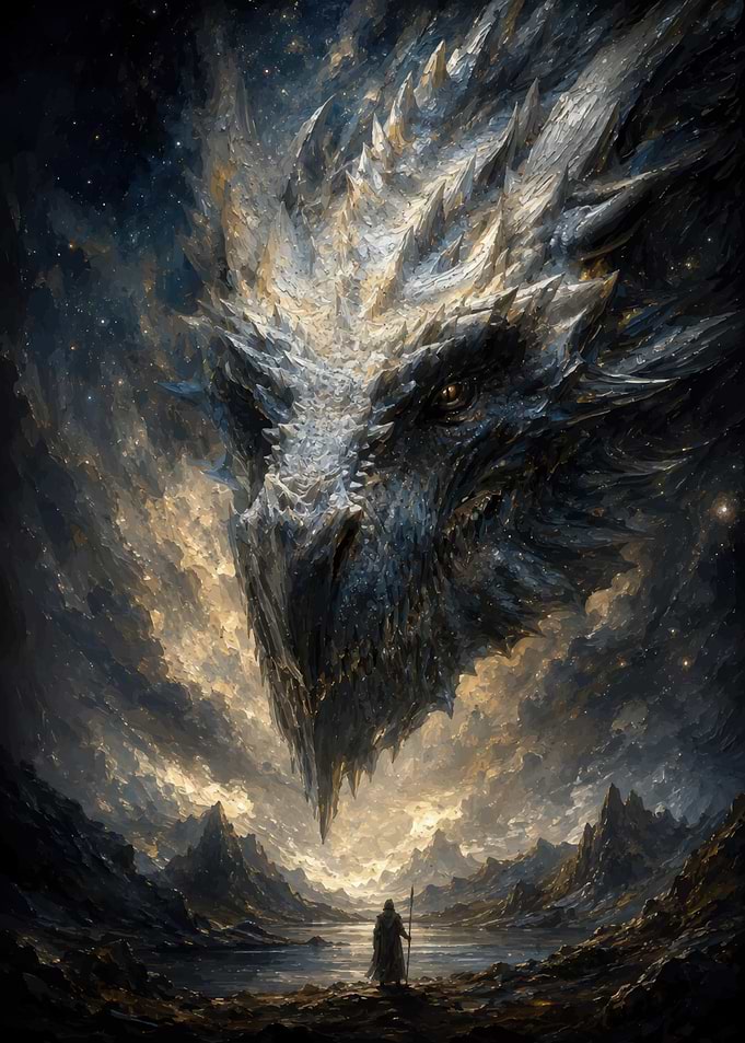 Colossal Dragon Over Lone Traveler