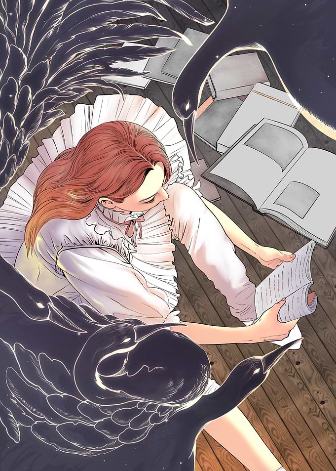 Girl Reading Surrounded by Dark Birds
