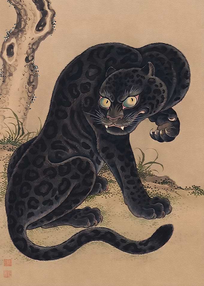 Traditional Japanese Style Black Panther Painting