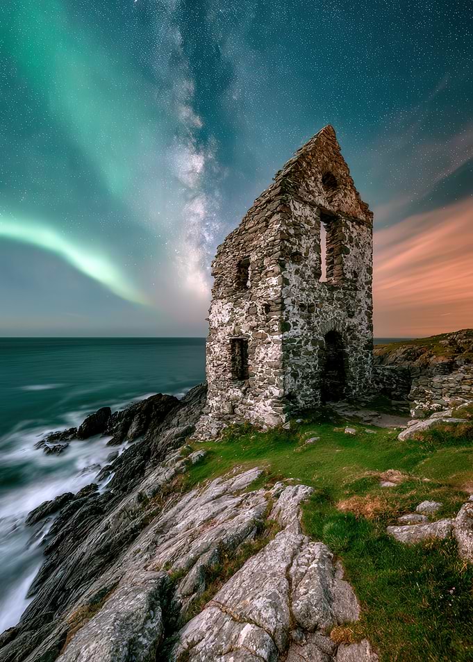 Ancient Stone Ruin Under Aurora Sky