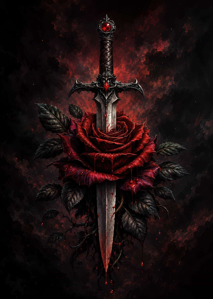 Gothic Dagger Piercing a Red Rose