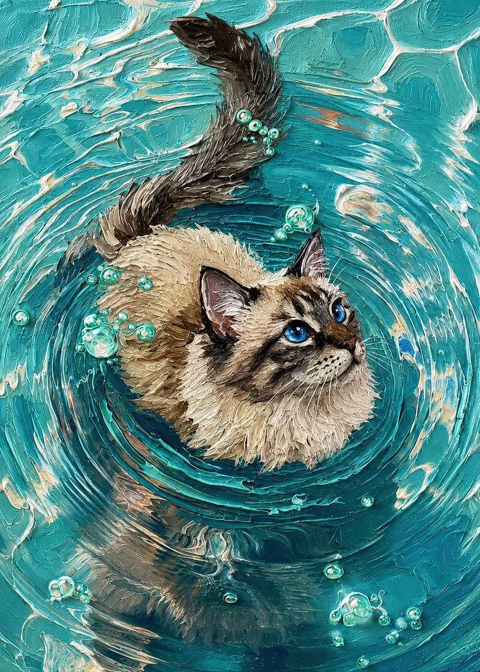 Cat Swimming in Turquoise Water Painting