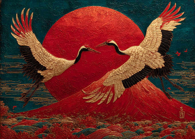 Red-Crowned Cranes and Rising Sun