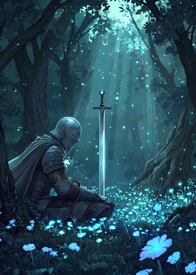 Knight Kneeling Before Glowing Sword