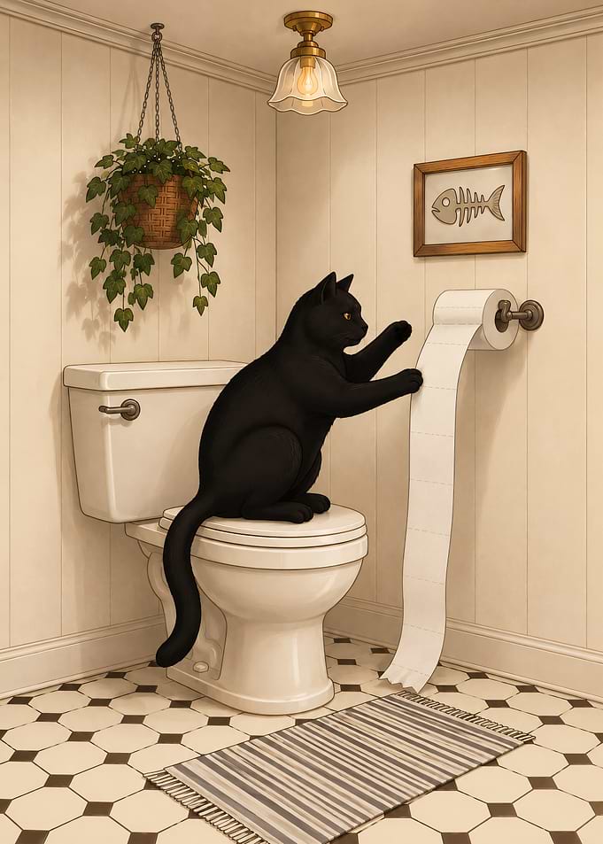 Black Cat Playing with Toilet Paper