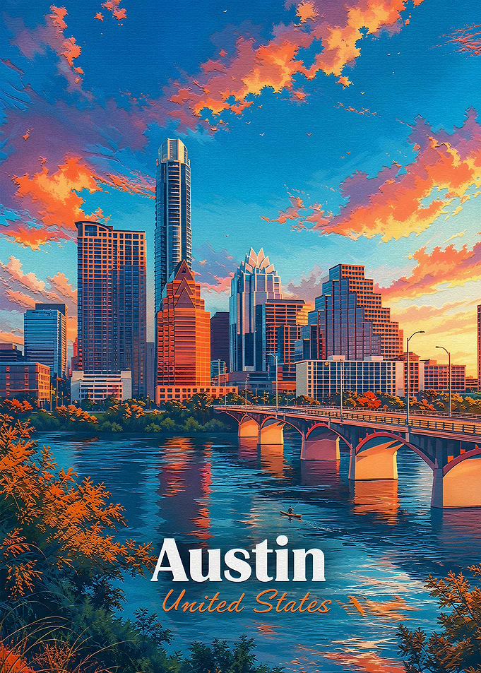 Austin Texas Skyline Sunset Poster