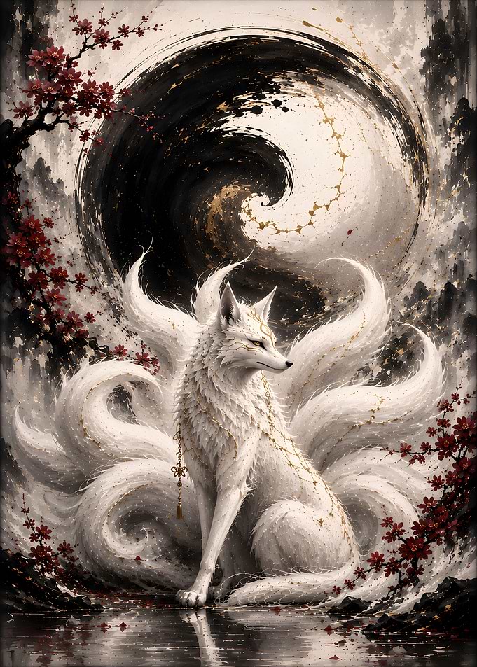 Majestic Nine-Tailed White Fox