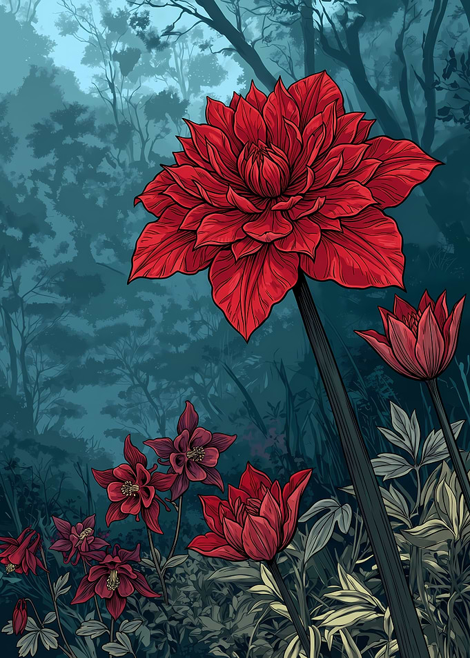 Vibrant Red Flowers in Dark Forest