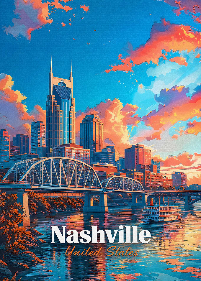Nashville Skyline Sunset Travel Poster